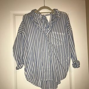 Blue stripe button down blouse w bow tie back